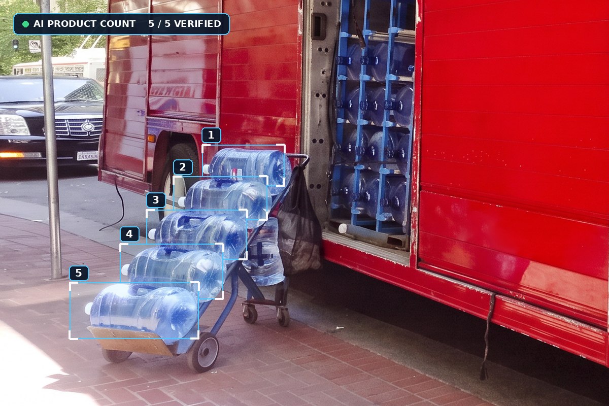 AI product recognition identifying and numbering five units being unloaded from a delivery vehicle